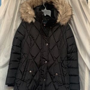 London Fog Black Puffer Jacket with Faux Fur Hood
